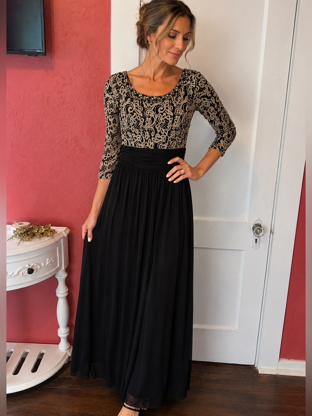 Jessica Howard Black Skirt with Ivory Embroidered Bodice Long Sleeve Gown